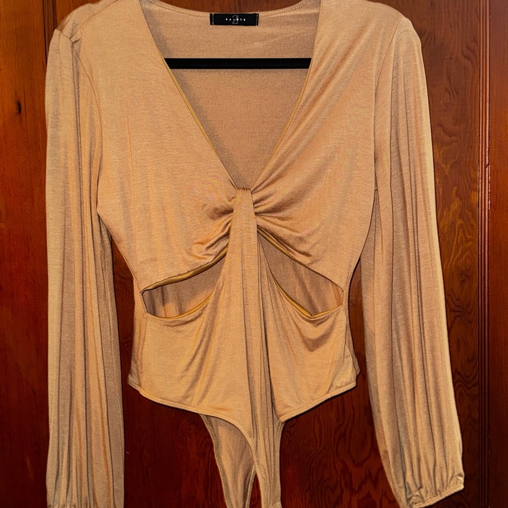 Tan Long Sleeve Cut Out Bodysuit with Tie Front